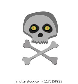 Vector cartoon skeleton scull with yellow angry eyes isolated on white background. Halloween icon, clip art, digital design element, pirate symbol, sign.