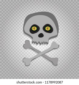 Vector cartoon skeleton scull with yellow angry eyes isolated on transparent background. Halloween icon, clip art, digital design element, pirate symbol, sign.