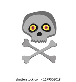 Vector cartoon skeleton scull with yellow red eyes isolated on white background. Halloween icon, clip art, digital design element, pirate symbol, sign.