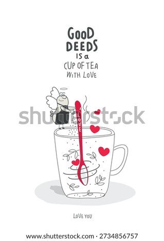 Vector cartoon sketch of Angel who makes tea with love. Concept of assistance, care, philanthropy and support. Giving and sharing love, donating.Self-Love, Mental Health, and positive Psychotherapy.