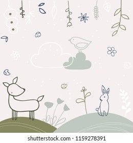 Vector cartoon sketch animals and flowers illustration. Childish print perfect for nursery, kids apparel, poster postcard, birthday, baby book.
