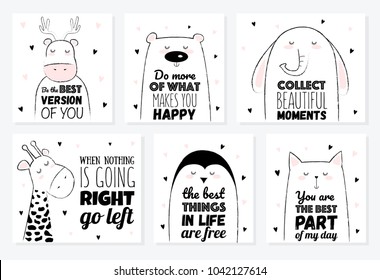 Vector cartoon sketch animals illustration with motivation lettering phrase. Perfect for postcard, Valentine's day, anniversary, birthday, baby book

