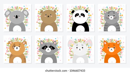 Vector cartoon sketch animals illustration with spring and summer flowers. Perfect for postcard, Valentine's day, anniversary, birthday, baby book
