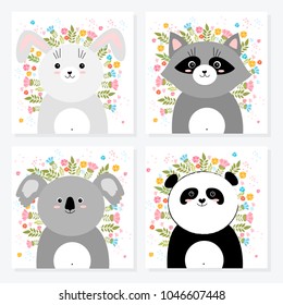 Vector cartoon sketch animals illustration with spring and summer flowers. Perfect for postcard, Valentine's day, anniversary, birthday, baby book
