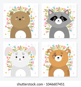 Vector cartoon sketch animals illustration with spring and summer flowers. Perfect for postcard, Valentine's day, anniversary, birthday, baby book