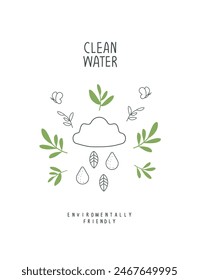 Vector cartoon sketch of cloud with a drop of water. Illustration of Environmentally friendly planet. Sign of clean wave. Think Green. Protect the World from pollution concept.