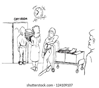vector cartoon sketch drawing of workers waiting patiently to use a copy room