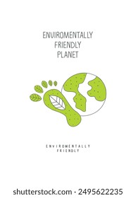 Vector cartoon sketch of earth and green footprint as a planet conservation sign. Illustration of environmentally friendly planet.Green energy concept.