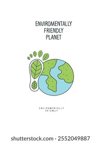 Vector cartoon sketch of earth and green footprint as a planet conservation sign. Illustration of environmentally friendly planet.Green energy concept.