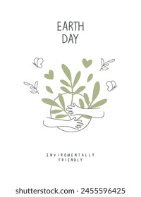 Vector cartoon sketch of earth with hands that hug and support nature. Illustration of Environmentally friendly planet. Love nature. Caring for nature. Happy Earth Day.