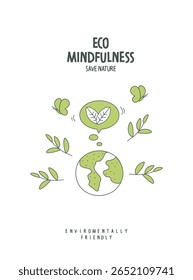 Vector cartoon sketch of earth with leaves in a speach bubble. Illustration of Environmentally friendly planet. Sign of green energy. Think Green. Protect the World from pollution concept.
