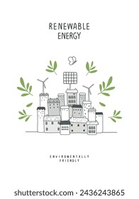 Vector cartoon sketch of eco city, houses with solar panels and wind energy resouces. Illustration of Environmentally friendly planet. Eco city Consept. Ecology industry and alternative energy concept