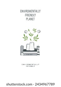 Vector cartoon sketch of eco factory with green leaves.Illustration of Environmentally friendly planet. Eco city Consept. Ecology industry and alternative energy concept.