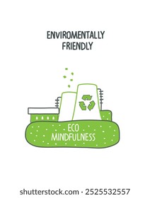 Vector cartoon sketch of eco factory with green leaves. Environmentally friendly sources of energy. Environmentally friendly planet concept. Save nature and renewable energy concept.