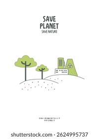 Vector cartoon sketch of eco factory with green leaves. Environmentally friendly sources of energy. Environmentally friendly planet concept. Save nature and renewable energy concept.