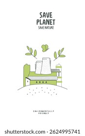 Vector cartoon sketch of eco factory with green leaves. Environmentally friendly sources of energy. Environmentally friendly planet concept. Save nature and renewable energy concept.