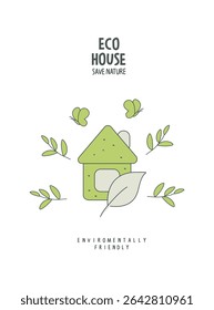Desenho animado vetorial de casa eco-amigável com folha verde. Ilustração de planeta ambientalmente amigável. Conceito de energia alternativa.	
