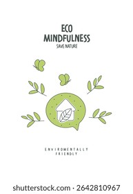 Desenho animado vetorial de casa eco-amigável com folha verde na bolha de discurso. Ilustração de planeta ambientalmente amigável. Conceito de energia alternativa.	
