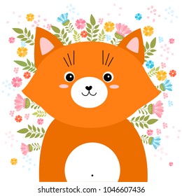 Vector cartoon sketch fox illustration with spring and summer flowers. Perfect for postcard, Valentine's day, anniversary, birthday, baby book