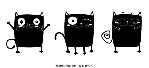Vector cartoon sketch funny black cats illustration. Perfect for stickers, postcard, Valentine's day, anniversary, birthday, baby book