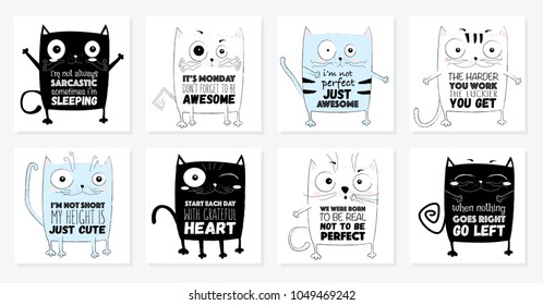 Vector cartoon sketch funny cat illustration with cute lettering phrase. Perfect for postcard, Valentine's day, anniversary, birthday