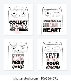 Vector cartoon sketch funny cat illustration with cute lettering phrase. Perfect for postcard, Valentine's day, anniversary, birthday. Set of cards