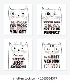Vector cartoon sketch funny cat illustration with cute lettering phrase. Perfect for postcard, Valentine's day, anniversary, birthday. Set of cards