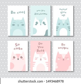 Vector cartoon sketch funny cat illustration with cute lettering phrase. Perfect for postcard, Valentine's day, anniversary, birthday. Set of cards