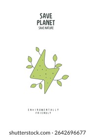 Esboço de desenho animado vetorial do sinal de energia verde com brotos verdes. Estilo de vida sustentável. Cartaz ecológico. Conceito de energia alternativa.