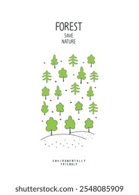 Vector cartoon sketch of green forest. Illustration of Environmentally friendly planet. Plant trees. Save forest and our planet.