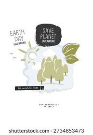 Vector cartoon sketch of green forest on the hills. Illustration of Environmentally friendly planet. Plant trees. Save forest and our planet.	
