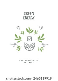 Vector cartoon sketch of green leaves and withchecklist sign with checkmark. Illustration of Environmentally friendly planet. Sign of green energy. Protect the World from pollution concept.

