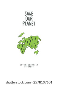 Vector cartoon sketch of green planet. Illustration of Environmentally friendly planet. Plant trees. Save forest and our planet.	