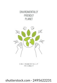 Vector cartoon sketch of hands supporting the planet, as a nature conservation sign. Illustration of environmentally friendly planet.Green energy concept.