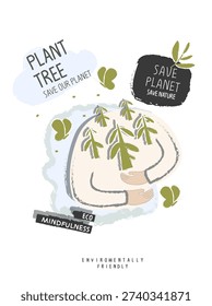 Vector cartoon sketch of hands supporting a forest as a sign of concern for the environment. Volunteers plant trees. Activities for environmental protection. Environmentally friendly planet concept