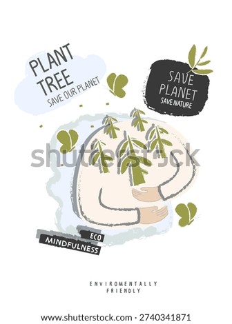 Vector cartoon sketch of hands supporting a forest as a sign of concern for the environment. Volunteers plant trees. Activities for environmental protection. Environmentally friendly planet concept