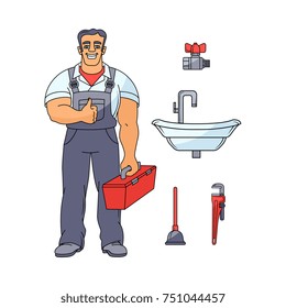 vector cartoon sketch handsome muscular man blumber in uniform holding case with tools showing thumbs up, sink with faucet, water valve, plunger, pipe wrench. isolated illustration, white background