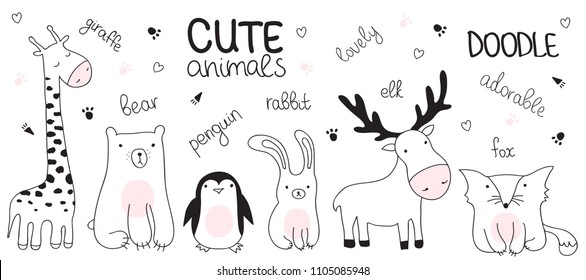 Vector cartoon sketch illustration with cute doodle animals. Perfect for postcard, Valentine's day, birthday, baby book, children room. Giraffe, bear, penguin, rabbit, cat, fox, elk