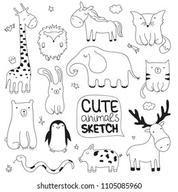 Vector cartoon sketch illustration with cute doodle animals. Perfect for postcard, birthday, baby book, children room. Giraffe, bear, penguin, rabbit, cat, hedgehog; elephant, fox, elk