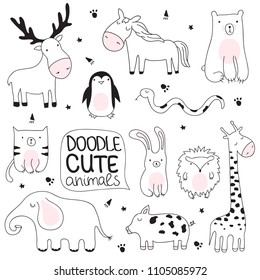 Vector cartoon sketch illustration with cute doodle animals. Perfect for postcard, birthday, baby book, children room. Giraffe, bear, penguin, rabbit, cat, hedgehog; elephant, fox, elk