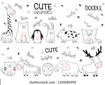 Vector cartoon sketch illustration with cute doodle animals. Perfect for postcard, birthday, baby book, children room. Giraffe, bear, penguin, rabbit, cat, hedgehog; elephant, fox, elk