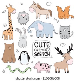 Vector cartoon sketch illustration with cute doodle animals. Perfect for postcard, birthday, baby book, children room. Giraffe, bear, penguin, rabbit, cat, hedgehog; elephant, fox, elk, snake