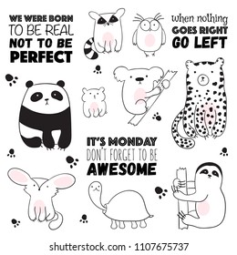 Vector cartoon sketch illustration with cute doodle animals. Perfect for postcard, birthday, baby book, children room. Panda, koala, sloth, leopard, raccoon, owl, turtle