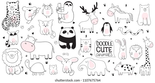 Vector cartoon sketch illustration with cute doodle animals. Perfect for postcard, birthday, baby book, children room. Panda, koala, sloth, leopard, hippo, raccoon, giraffe, bear, lion