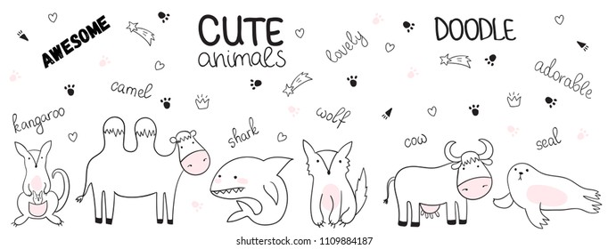 Vector cartoon sketch illustration with cute doodle animals. Perfect for postcard, birthday, baby book, children room. Camel, shark, wolf, cow, seal, kangaroo