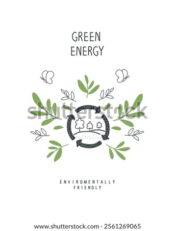 Vector cartoon sketch illustration sign of green energy. Trees in the forest. Environmentally friendly planet concept. Think Green. Protect the World from pollution concept.