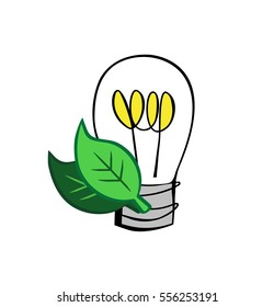 Vector cartoon sketch of a lightbulb and leaves