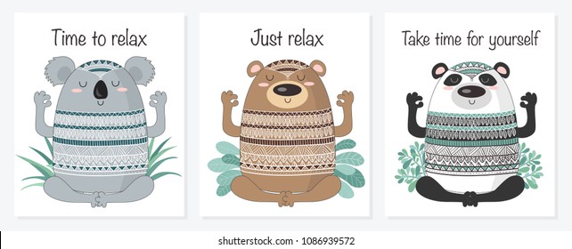 Vector cartoon sketch meditative animals illustration with indian ornament and motivation phrase. Perfect for postcard, Valentine's day, anniversary, birthday, baby book. Panda, koala, bear

