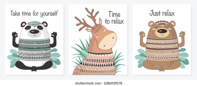 Vector cartoon sketch meditative animals illustration with indian ornament and motivation phrase. Perfect for postcard, Valentine's day, anniversary, birthday, baby book. Panda, deer, bear

