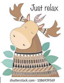 Vector cartoon sketch meditative elk illustration with indian ornament and motivation phrase. Perfect for postcard, Valentine's day, anniversary, birthday, baby book
